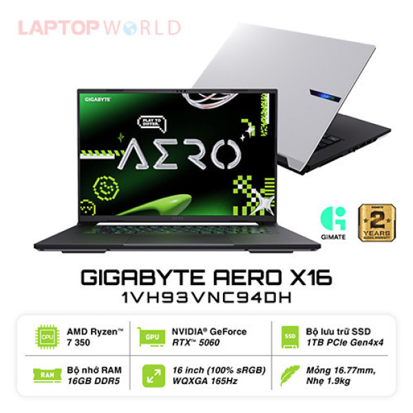 Laptop Gigabyte AERO X16 1VH93VNC94DH (Ryzen™ AI 7 350 | 16GB | 1TB | RTX™ 5060 | 16inch WQXGA 165Hz | Win 11 | Trắng)