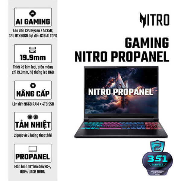 Laptop Acer Gaming Nitro ProPanel ANV16S-61-R0B8 NH.QXQSV.001 (Ryzen™ AI 5 340 | 16GB | 512GB | RTX 5050 | 16inch FHD+ 180Hz | Win 11 | Đen)