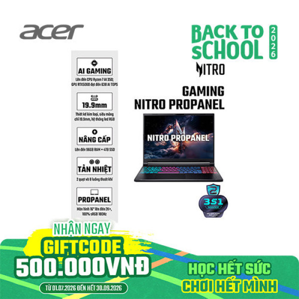 Laptop Acer Gaming Nitro ProPanel ANV16S-61-R0B8 NH.QXQSV.001 (Ryzen™ AI 5 340 | 16GB | 512GB | RTX 5050 | 16inch FHD+ 180Hz | Win 11 | Đen)