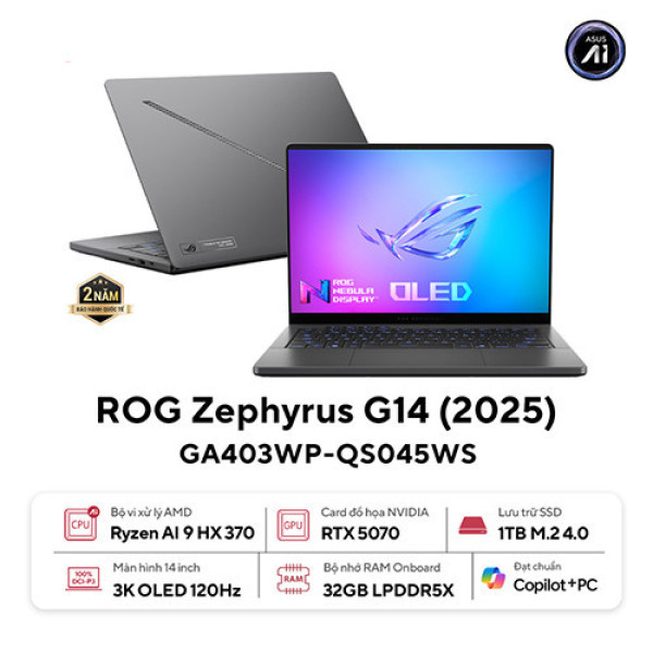 Laptop ASUS ROG Zephyrus G14 GA403WP-QS045WS (Ryzen™ AI 9 HX 370 | 32GB | 1TB | RTX 5070 | 14.0 inch 3K OLED | Win 11 | Xám)