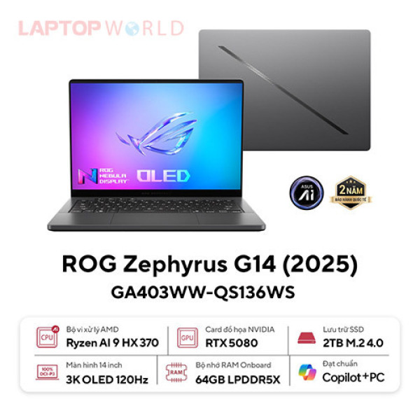 Laptop ASUS ROG Zephyrus G14 GA403WW-QS136WS (Ryzen™ AI 9 HX 370 | 64GB | 2TB | RTX 5080 | 14.0 inch 3K OLED 120Hz | Win 11 | Xám)
