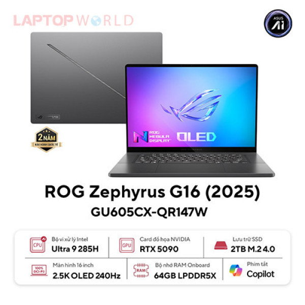 Laptop Asus ROG Zephyrus G16 GU605CX-QR147W (Ultra 9 285H | 64GB | 2TB | RTX 5090 | 16inch 2.5K OLED 240Hz | Win 11 | Xám)