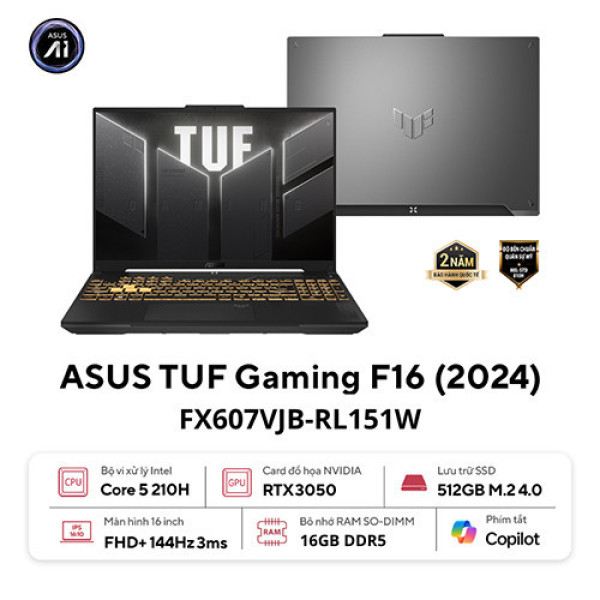 Laptop ASUS TUF Gaming F16 FX607VJB-RL151W (Core 5 210H | 16GB | 512GB | RTX 3050 | 16 inch WUXGA 144Hz | Win 11 | Xám)