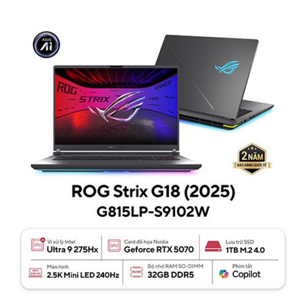 Laptop ASUS ROG Strix G18 G815LP-S9102W (Core™ Ultra 9 275HX | 32GB | 1TB | RTX™ 5070 8GB | 18 inch 2.5K 240Hz | Win 11 | Xám)