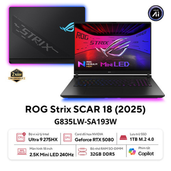 Laptop ASUS ROG Strix SCAR 18 G835LW-SA193W (Ultra 9 275HX | 32GB | 1TB | RTX 5080 | 18 inch WQXGA 240Hz | Win 11 | Đen)
