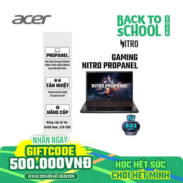 Laptop Acer Gaming Nitro ProPanel ANV15-52-59RR NH.QZ9SV.005 (Core 5 210H | 16GB | 512GB | RTX 5050 | 15.6 inch FHD 180Hz | Win 11 | Đen)