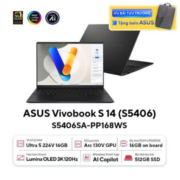 Laptop Asus Vivobook S 14 S5406SA-PP168WS (Ultra 5-226V | 16GB | 512GB | Intel® Arc™ Graphics | 14.0inch 3K OLED | Win 11 | Office | Đen) 