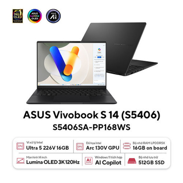 Laptop Asus Vivobook S 14 S5406SA-PP168WS (Ultra 5-226V | 16GB | 512GB | Intel® Arc™ Graphics | 14.0inch 3K OLED | Win 11 | Office | Đen) 