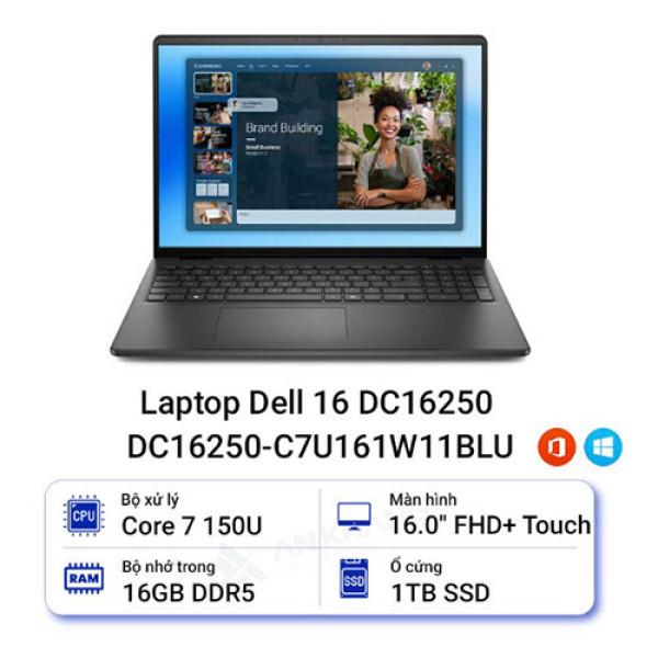 Laptop Dell 16 DC16250 C7U161W11BLU (Core™ 7 150U | 16GB | 1TB | Intel Graphics | 16.0 inch FHD+ | Cảm ứng | Win 11 | Office | Đen)
