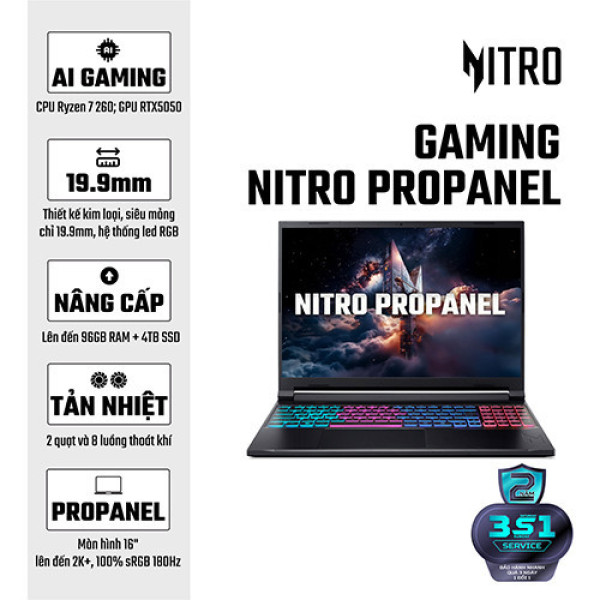 Laptop Acer Gaming Nitro ProPanel ANV16S-41-R337 NH.QZZSV.002 (Ryzen 7 260 | 16GB | 1TB | RTX 5050 8GB | 16inch FHD+ 180Hz | Win 11 | Đen)