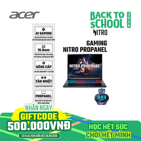 Laptop Acer Gaming Nitro ProPanel ANV16S-41-R337 NH.QZZSV.002 (Ryzen 7 260 | 16GB | 1TB | RTX 5050 8GB | 16inch FHD+ 180Hz | Win 11 | Đen)