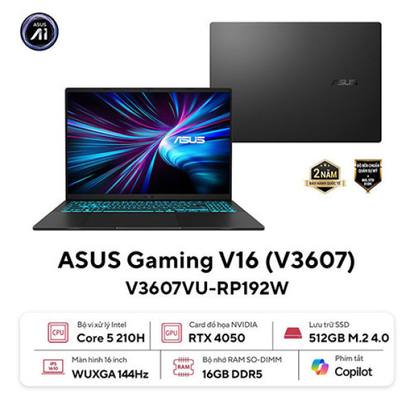 Laptop ASUS Gaming V16 V3607VU-RP192W (Core™ 5 210H | 16GB | 512GB | RTX 4050 6GB | 16inch WUXGA 144Hz | Win 11 | Đen)