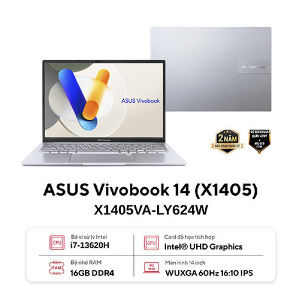 Laptop Asus Vivobook 14 X1405VA-LY624W (Core i7-13620H | 16GB | 512GB | Intel UHD Graphics | 14 inch WUXGA | Win 11 | Bạc)