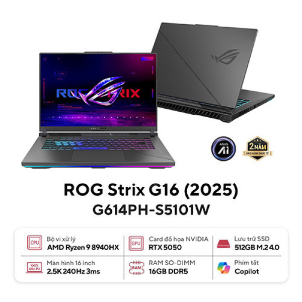 Laptop ASUS ROG Strix G16 G614PH-S5101W (Ryzen™ 9-8940HX | 16GB | 512GB | RTX 5050 8GB | 16.0 inch WQXGA 240Hz | Win 11 | Xám) 