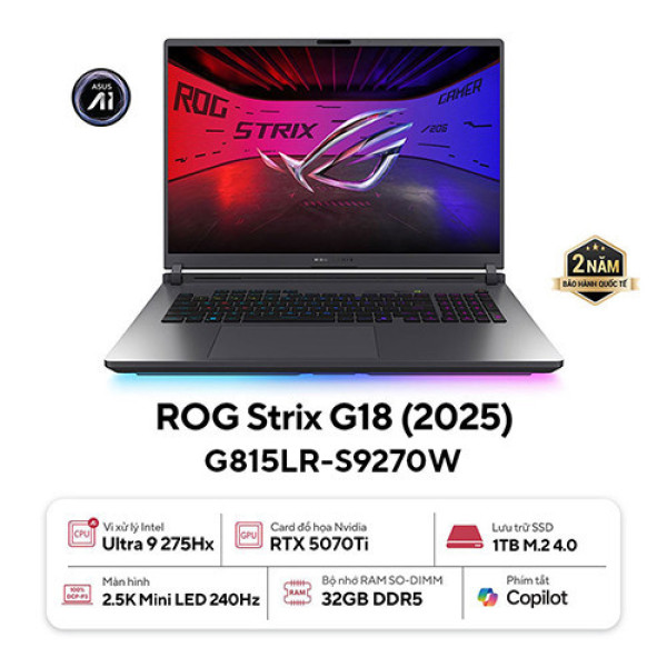 Laptop ASUS ROG Strix G18 G815LR-S9270W (Core™ Ultra 9 275HX | 32GB | 1TB | RTX™ 5070 Ti 12GB | 18inch WQXGA 240Hz | Win 11 | Xám)