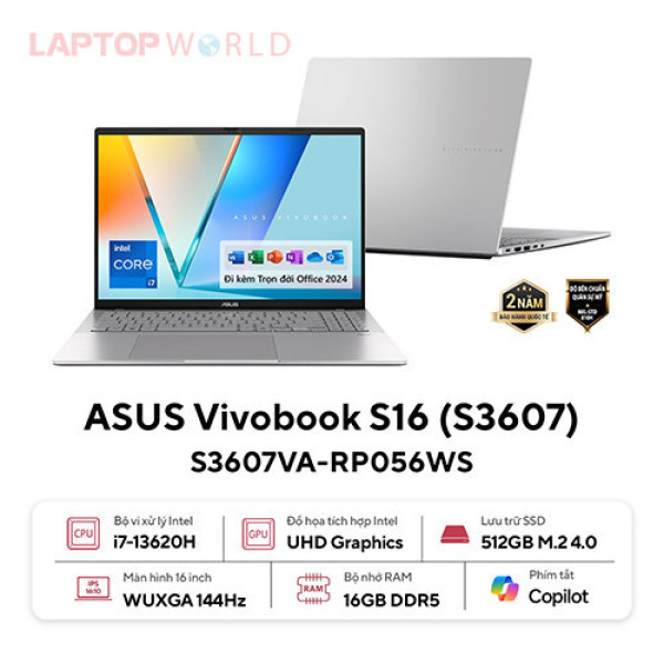 Laptop Asus Vivobook S16 S3607VA-RP056W (Core i7-13620H | 16GB | 512GB | Intel® UHD Graphics | 16 inch WUXGA | Win 11 | Office | Bạc)