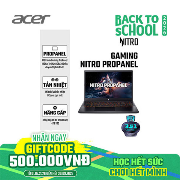 Laptop Acer Gaming Nitro ProPanel ANV15-52-50RB NH.QUASV.002 (Core 5 210H | 16GB | 512GB | RTX 4050 6GB | 15.6 inch FHD 180Hz | Win 11 | Đen)