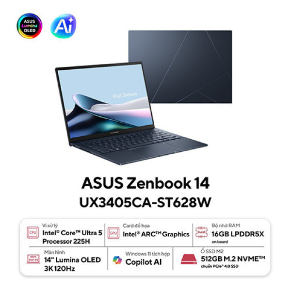 Laptop ASUS Zenbook 14 UX3405CA-ST628W (Ultra 5 225H | 16GB | 512GB | Intel® Arc™ Graphics | 14.0inch 3K OLED | Win 11 | Xanh)