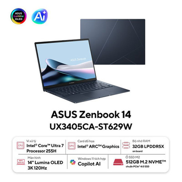 Laptop ASUS Zenbook 14 UX3405CA-ST629W (Ultra 7 255H | 32GB | 512GB | Intel® Arc™ Graphics | 14.0inch 3K OLED | Win 11 | Xanh)