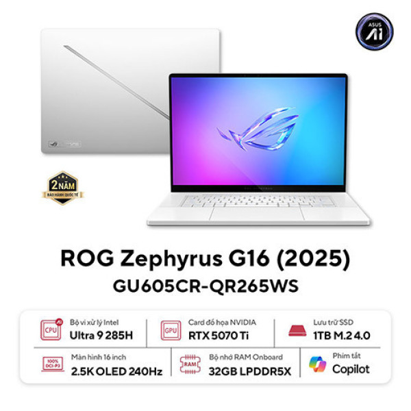 Laptop ASUS ROG Zephyrus G16 GU605CR-QR265WS (Ultra 9 285H | 32GB | 1TB | RTX 5070 Ti 12GB | 16.0 inch WQXGA OLED 240Hz | Win 11 | Trắng)