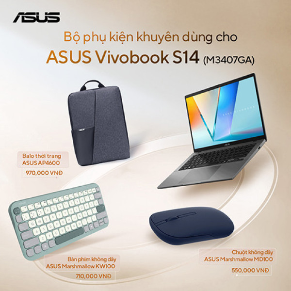 Laptop ASUS Vivobook S14 M3407GA-SF030W (Ryzen™ AI 7 445 | 16GB | 512GB | AMD Radeon Graphics | 14inch WUXGA OLED | Win 11 | Xám)
