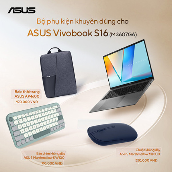 Laptop ASUS Vivobook S16 M3607GA-SH034W (Ryzen™ AI 7 445 | 16GB | 512GB | AMD Radeon Graphics | 16inch WUXGA OLED | Win 11 | Xám)