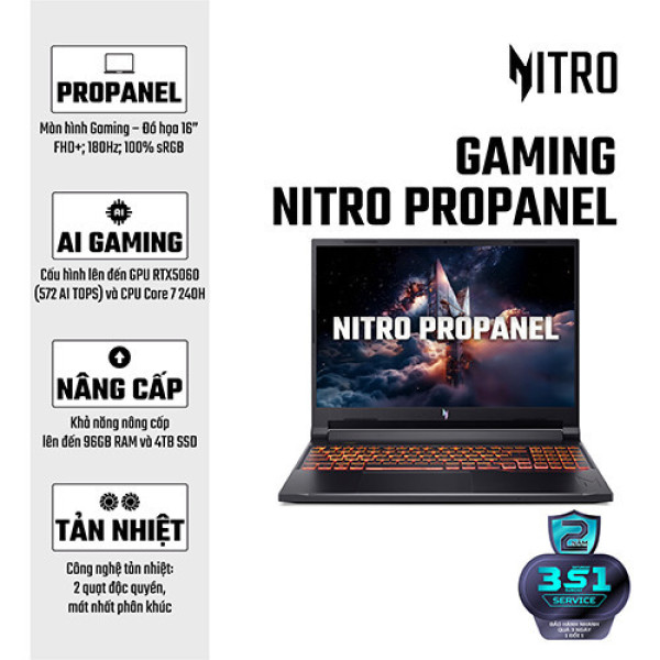 Laptop Acer Gaming Nitro ProPanel ANV16-72-71T9 NH.QUNSV.001 (Core 7 240H | 16GB | 512GB | RTX™ 5060 8GB | 16inch FHD+ 180Hz | Win 11 | Đen)