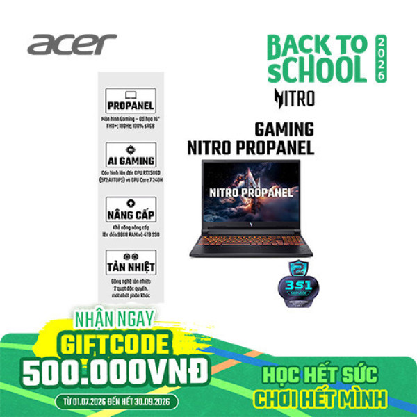 Laptop Acer Gaming Nitro ProPanel ANV16-72-71T9 NH.QUNSV.001 (Core 7 240H | 16GB | 512GB | RTX™ 5060 8GB | 16inch FHD+ 180Hz | Win 11 | Đen)