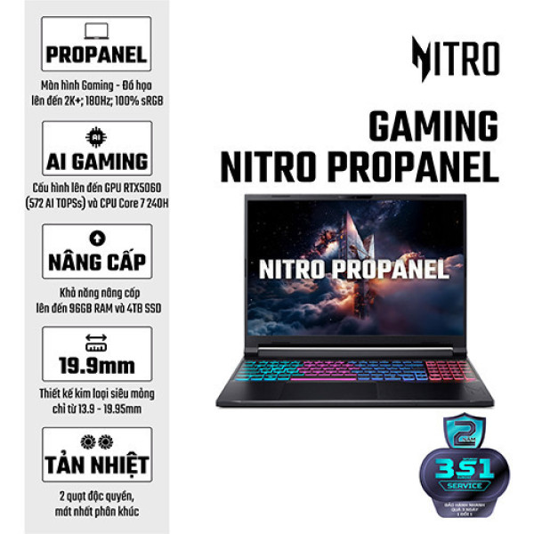 Laptop Acer Gaming Nitro ProPanel ANV16S-71-58WQ NH.QXBSV.001 (Core™ 5 210H | 32GB | 512GB | RTX 5050 8GB | 16inch 2K+ 180Hz | Win 11 | Đen)
