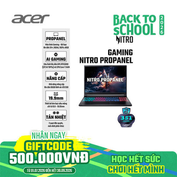 Laptop Acer Gaming Nitro ProPanel ANV16S-71-58WQ NH.QXBSV.001 (Core™ 5 210H | 32GB | 512GB | RTX 5050 8GB | 16inch 2K+ 180Hz | Win 11 | Đen)
