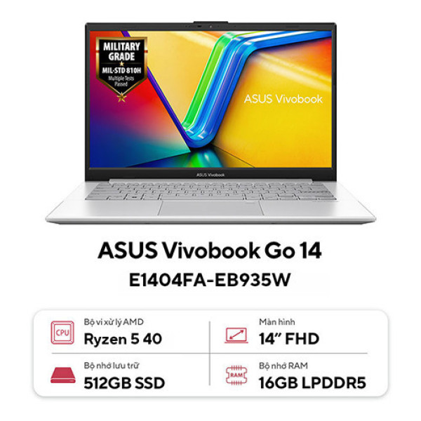 Laptop ASUS Vivobook Go 14 E1404FA-EB935W (Ryzen™ 5 40 | 16GB | 512GB | AMD Radeon™ Graphics | 14 inch FHD | Win 11 | Bạc)