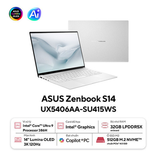 Laptop ASUS Zenbook S 14 UX5406AA-SU415WS  (Ultra 9 386H | 32GB | 512GB | Intel® Graphics | 14 inch 3K OLED 120Hz | Win 11 | Office | Trắng)