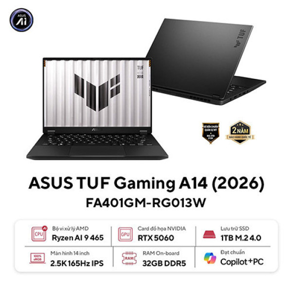 Laptop ASUS TUF Gaming A14 FA401GM-RG013W (Ryzen™ AI 9 465 | 32GB | 1TB | RTX™ 5060 8GB | 14inch WQXGA 165Hz | Win 11 | Xám)