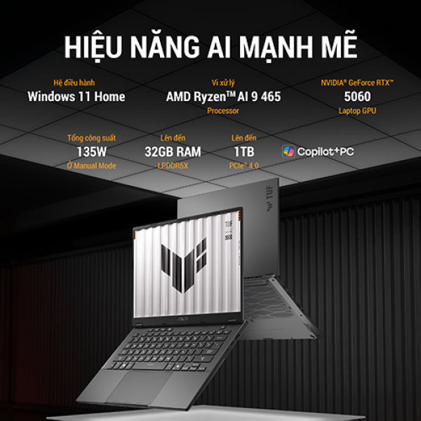 Laptop ASUS TUF Gaming A14 FA401GM-RG013W (Ryzen™ AI 9 465 | 32GB | 1TB | RTX™ 5060 8GB | 14inch WQXGA 165Hz | Win 11 | Xám)