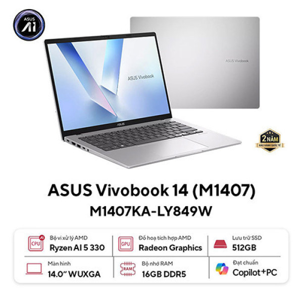 Laptop Asus Vivobook 14 M1407KA-LY849W (Ryzen™ AI 5 330 | 16GB | 512GB | AMD Radeon™ Graphics | 14inch WUXGA | Win 11 | Bạc)