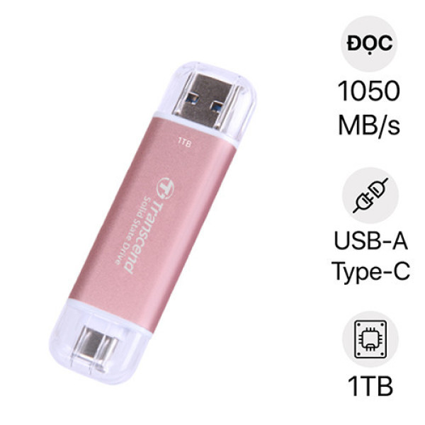Ổ cứng di động SSD Transcend 1Tb TS1TESD310P (Type-C và USB3.2 | 1050Mb/s | 950Mb/s | Hồng)