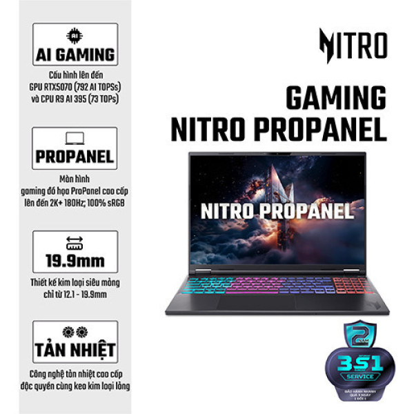 Laptop Acer Gaming Nitro ProPanel  AN16S-61-R9CN NH.QXGSV.001 (Ryzen™ AI 7 350 | 16GB | 512GB | RTX 5070 8GB | 16inch 2K+ 180Hz | Win 11 | Đen)