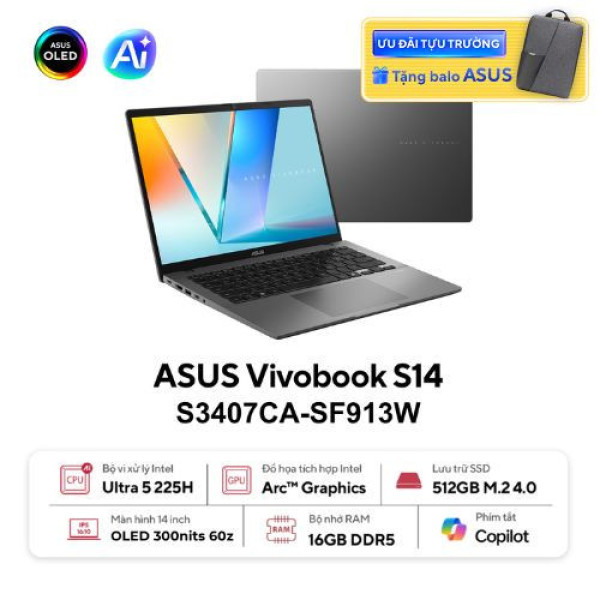 Laptop ASUS Vivobook S14 S3407CA-SF913W (Ultra 5 225H | 16GB | 512GB | Intel® Graphics | 14inch WUXGA OLED | Win 11 | Xám)