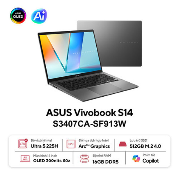 Laptop ASUS Vivobook S14 S3407CA-SF913W (Ultra 5 225H | 16GB | 512GB | Intel® Graphics | 14inch WUXGA OLED | Win 11 | Xám)