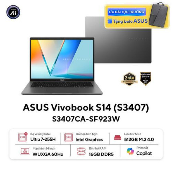Laptop ASUS Vivobook S14 S3407CA-SF923W (Ultra 7-255H | 16GB | 512GB | Intel® Graphics | 14inch WUXGA OLED | Win 11 | Xám)