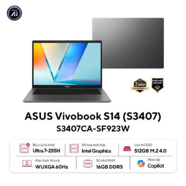 Laptop ASUS Vivobook S14 S3407CA-SF923W (Ultra 7-255H | 16GB | 512GB | Intel® Graphics | 14inch WUXGA OLED | Win 11 | Xám)