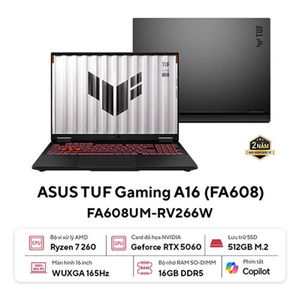 Laptop ASUS TUF Gaming A16 FA608UM-RV266W (Ryzen 7 260 | 16GB | 512GB | RTX 5060 | 16inch FHD+ 165Hz | Win 11 | Xám)