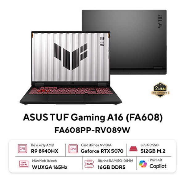 Laptop ASUS TUF Gaming A16 FA608PP-RV089W (Ryzen 9 8940HX | 16GB | 512GB | RTX 5070 8GB | 16inch WUXGA 165Hz | Win 11 | Xám)