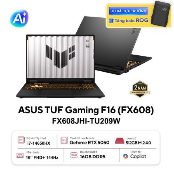 Laptop ASUS TUF Gaming F16 FX608JHI-TU209W (Core™ i7-14650HX | 16GB | 512GB | RTX 5050 8GB | 16inch WUXGA 144Hz | Win 11 | Xám)