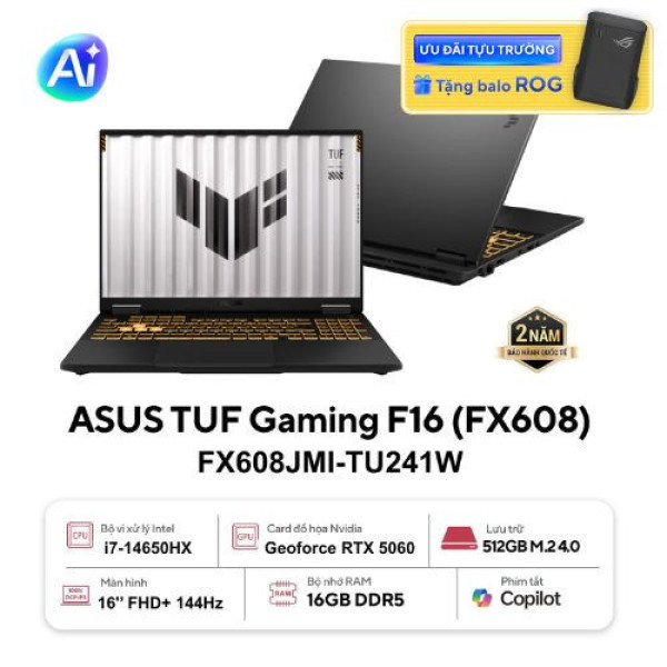 Laptop ASUS TUF Gaming F16 FX608JMI-TU241W (Core™ i7-14650HX | 16GB | 512GB | RTX 5060 8GB | 16inch WUXGA 144Hz | Win 11 | Xám)