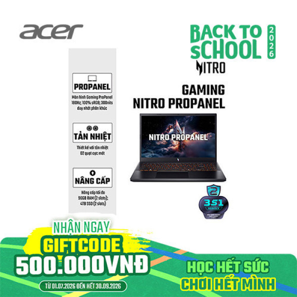 Laptop Acer Gaming Nitro ProPanel  ANV15-42-R5EF NH.QUCSV.002 (Ryzen™ 5 7640HS | 16GB | 512GB | RTX 4050 6GB | 15.6 inch FHD 180Hz | Win 11 | Đen)