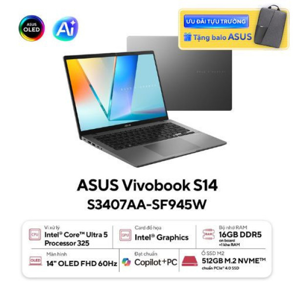 Laptop ASUS Vivobook S14 S3407AA-SF945W (Ultra 5 325 | 16GB | 512GB | Intel® Graphics | 14inch WUXGA | Win 11 | Xám)