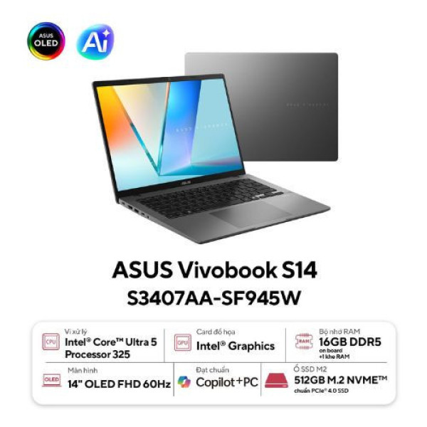 Laptop ASUS Vivobook S14 S3407AA-SF945W (Ultra 5 325 | 16GB | 512GB | Intel® Graphics | 14inch WUXGA | Win 11 | Xám)