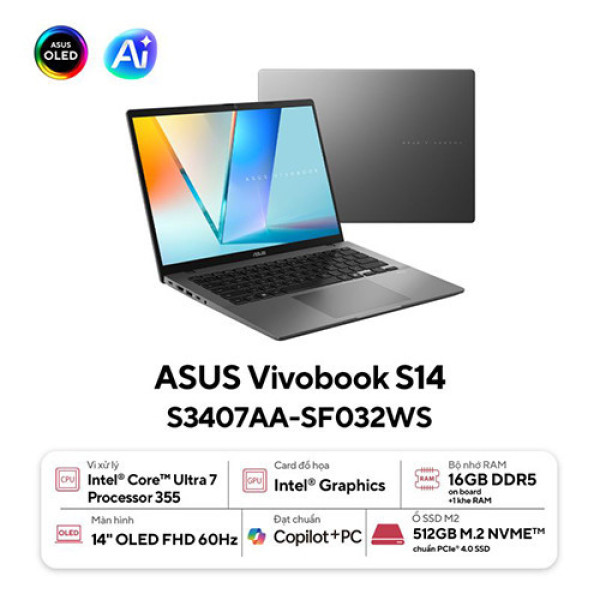 Laptop ASUS Vivobook S14 S3407AA-SF032W (Ultra 7 355 | 16GB | 512GB | Intel® Graphics | 14inch WUXGA | Win 11 | Xám)