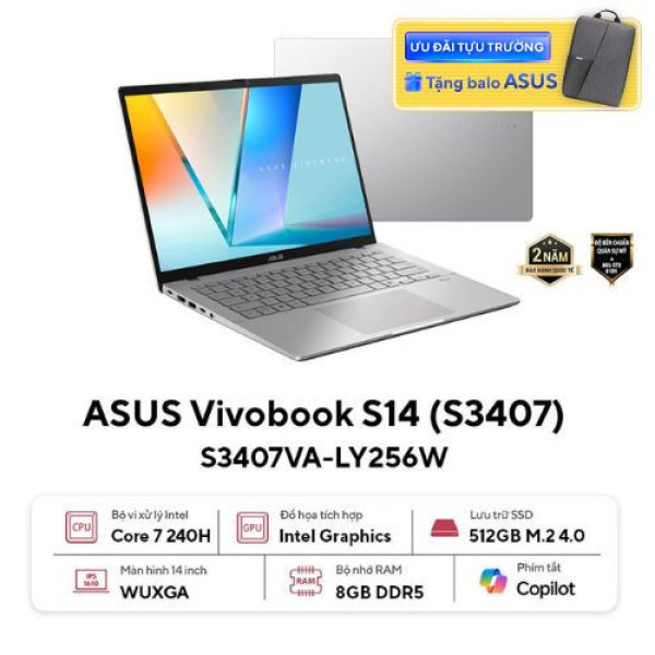 Laptop ASUS Vivobook S14 S3407VA-LY256W (Core™ 7 240H | 16GB | 512GB | Intel® UHD Graphics | 14inch WUXGA | Win 11 | Bạc)